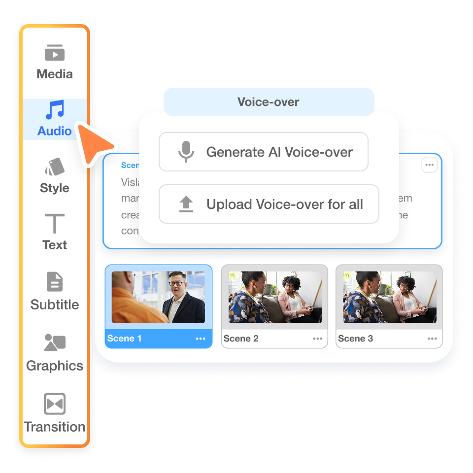 Customize voiceover, visuals, and pacing for your video using Visla’s PDF to video AI options.